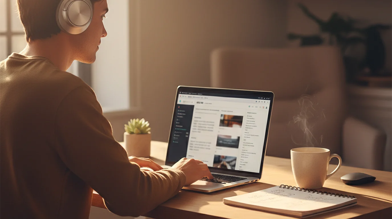 Person with headphones reviewing AI Daily Brief podcast transcript on laptop at a morning desk