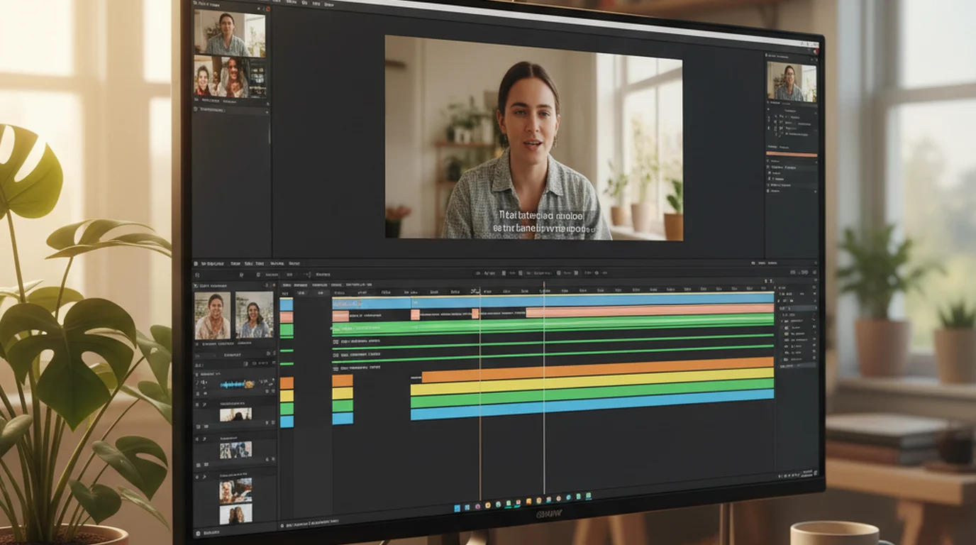 AI subtitle generator showing video editing timeline with caption text overlaying a video frame on a large monitor