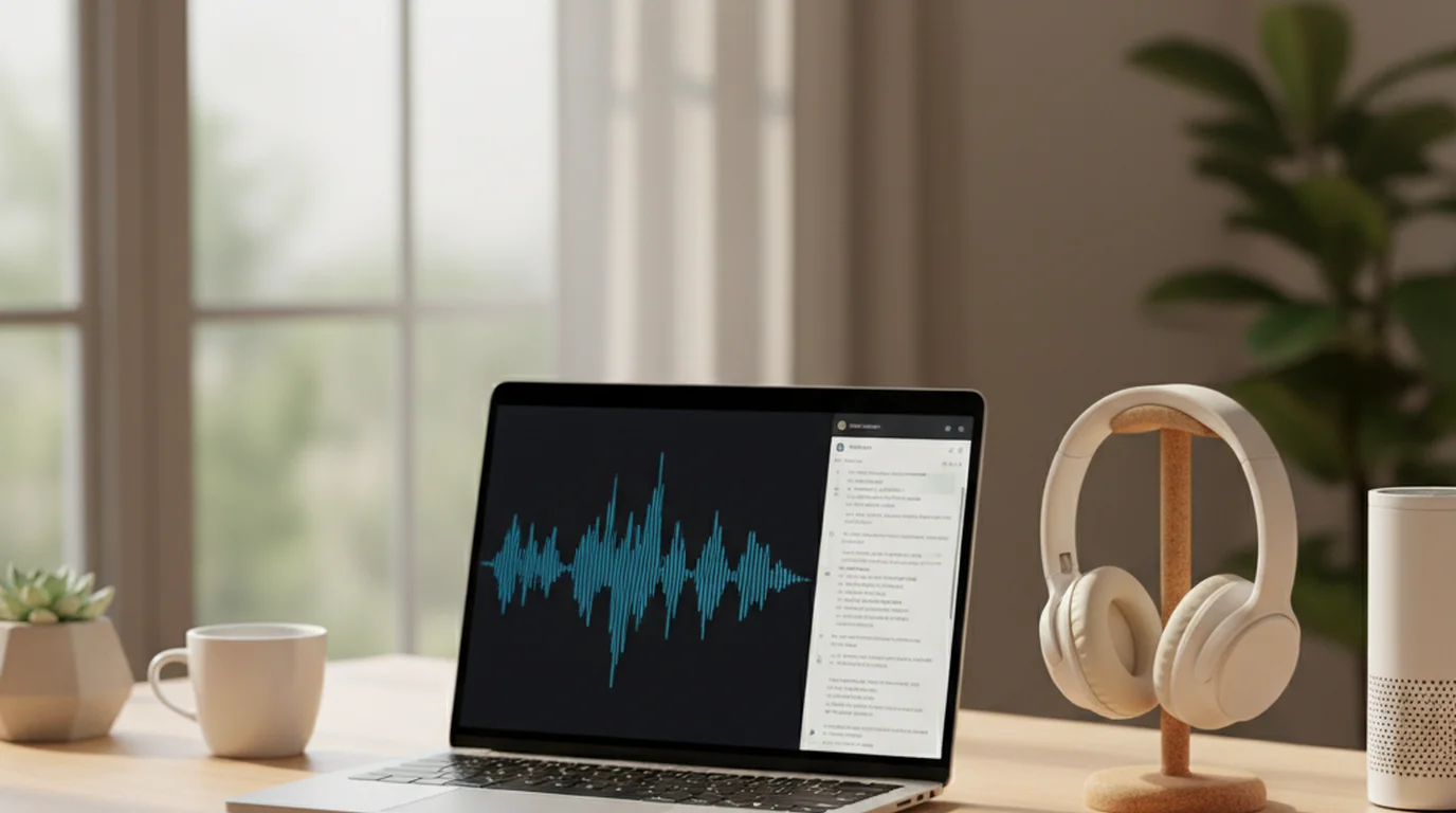 AI audio transcriber converting recorded speech to text on laptop with waveform visualization