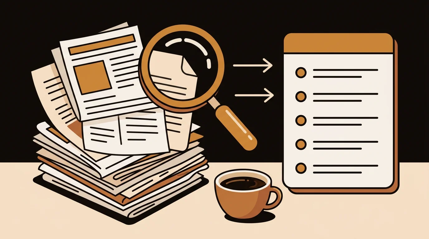 AI article summarizer condensing news articles into brief cards with coffee cup