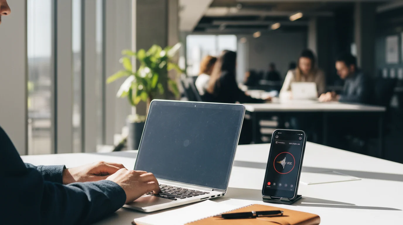 Person taking AI-assisted notes on laptop in a meeting, AI note taker app visible on screen