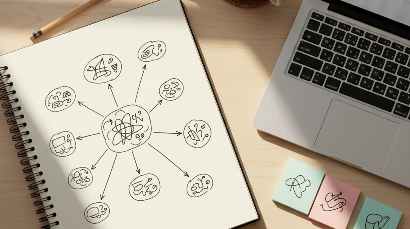 Overhead view of notebook with mind map, laptop, and sticky notes for a second brain knowledge system