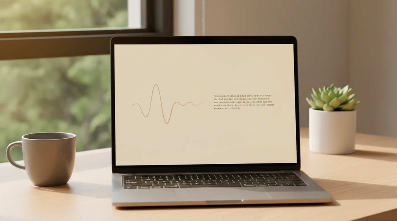 Laptop on a clean desk showing a simple transcription interface — a focused alternative to Descript's complex video editor