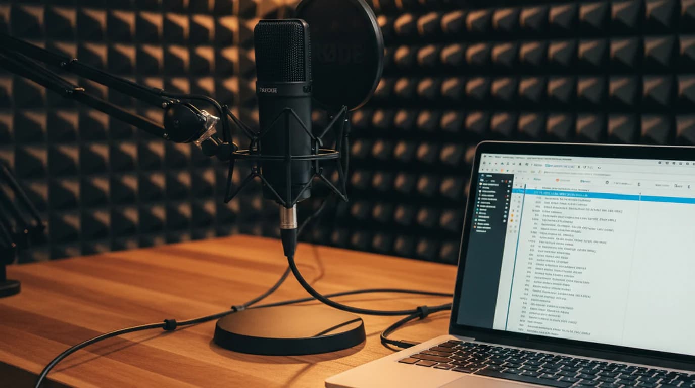 Podcast microphone on desk next to laptop displaying a text transcript, warm studio lighting