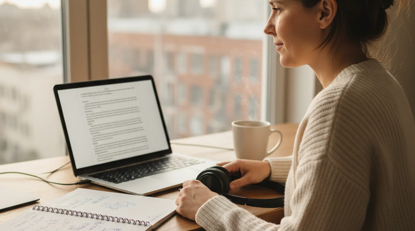 Woman at a home office desk after a video call, laptop open to a plain text document, notebook and coffee beside it