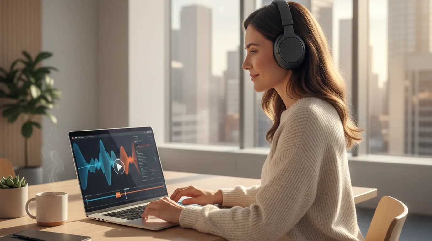 Professional woman at laptop with headphones in a bright modern office — transcription without the translation overhead
