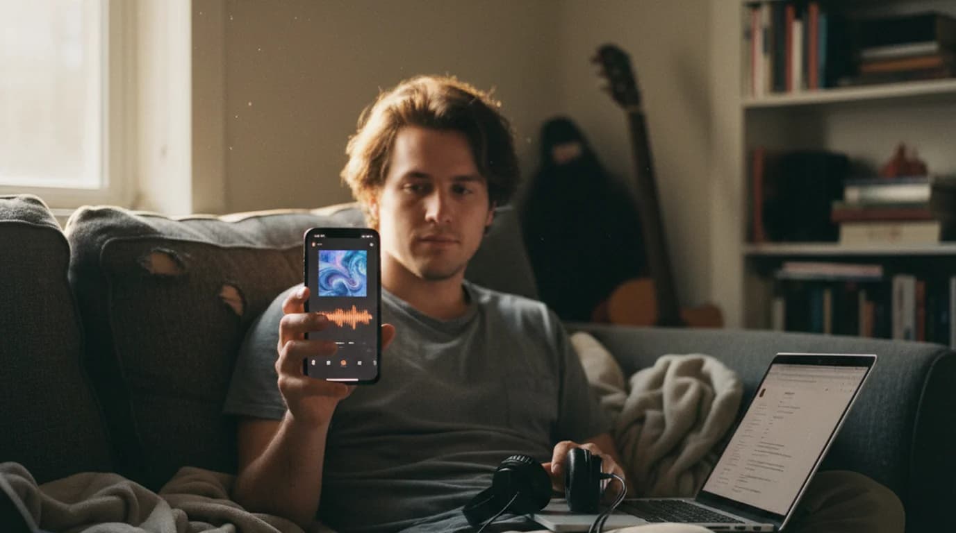 Young man on a sofa holding an iPhone with the SoundCloud app open on a track page, laptop and headphones beside him