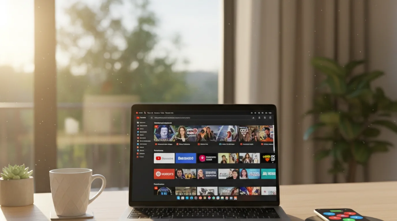 Morning desk with laptop showing YouTube subscriptions and email digest for an AI daily brief