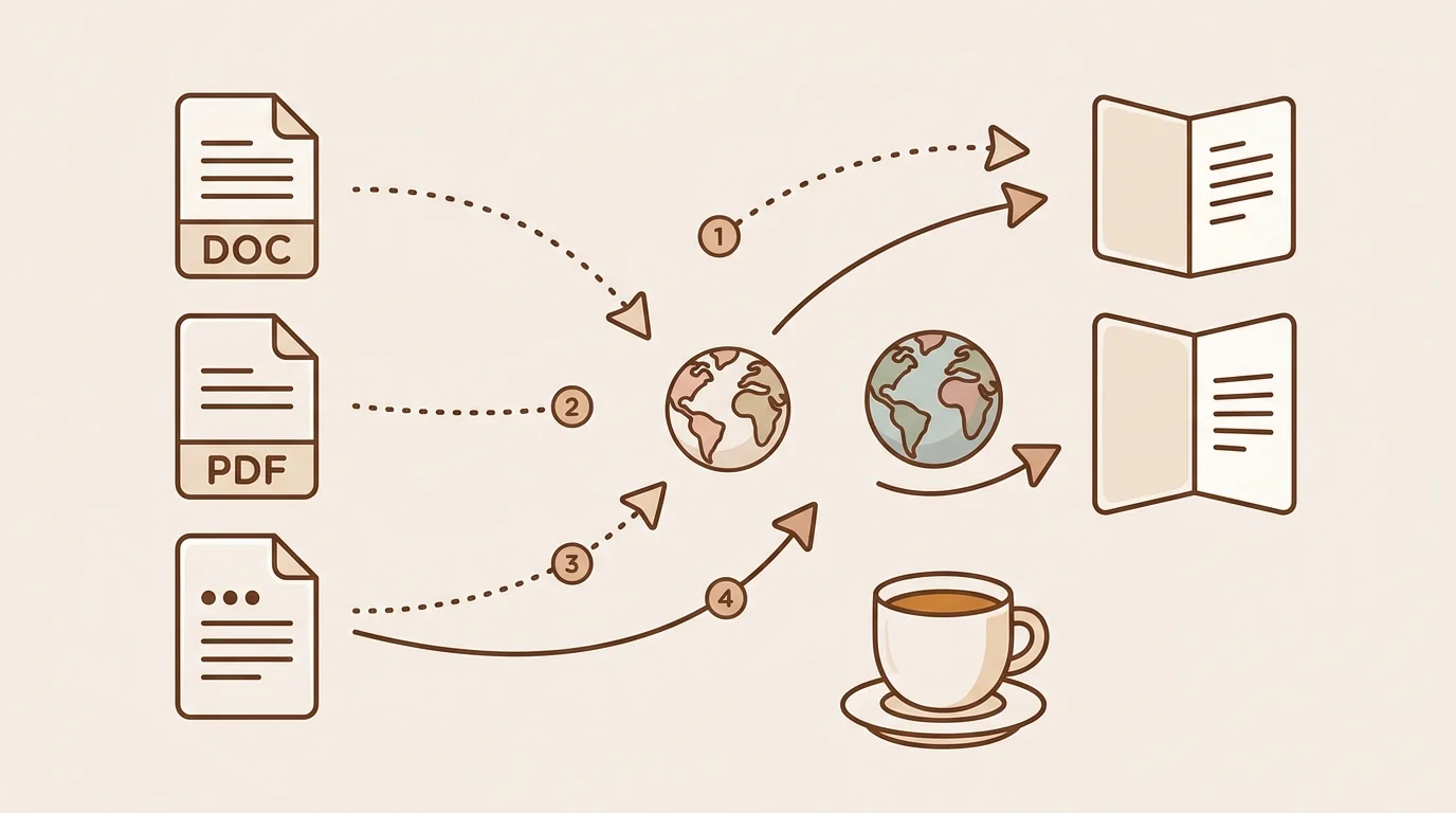 Document translation workflow showing multilingual documents being translated by AI into English