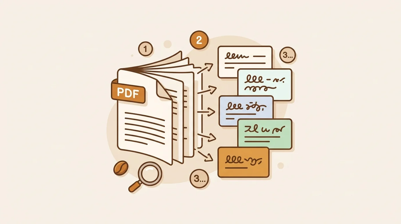 PDF translation workflow showing a foreign language document converted to English with key points