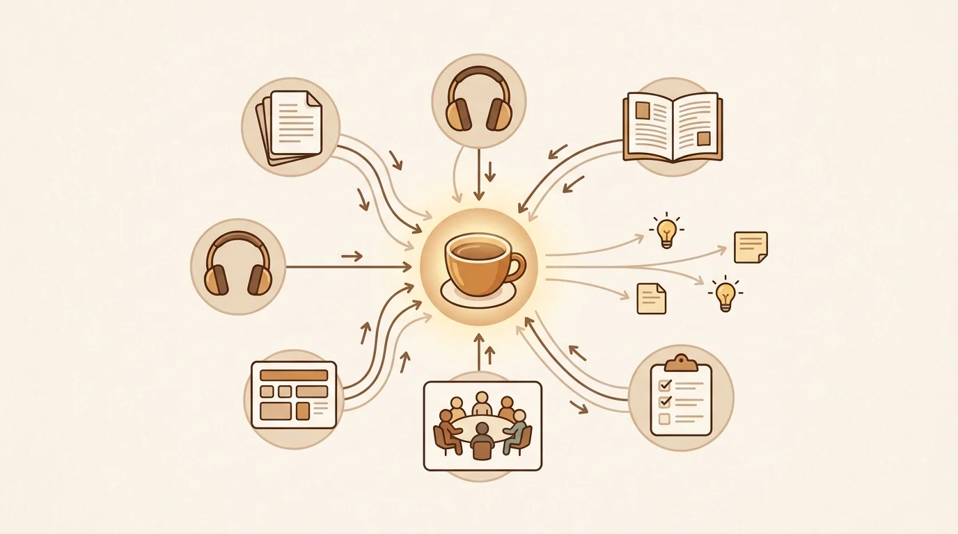 Knowledge management system diagram showing capture, organization, and retrieval pipeline