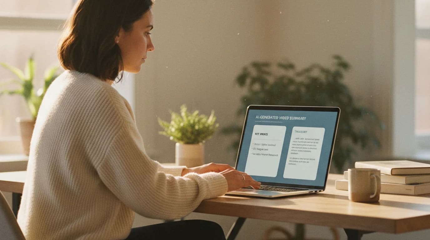 Person reviewing AI-generated summary of an MP4 video on a laptop screen
