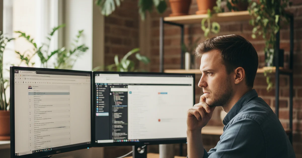 Software developer comparing two transcript tool browser tabs on dual monitor setup in Berlin apartment