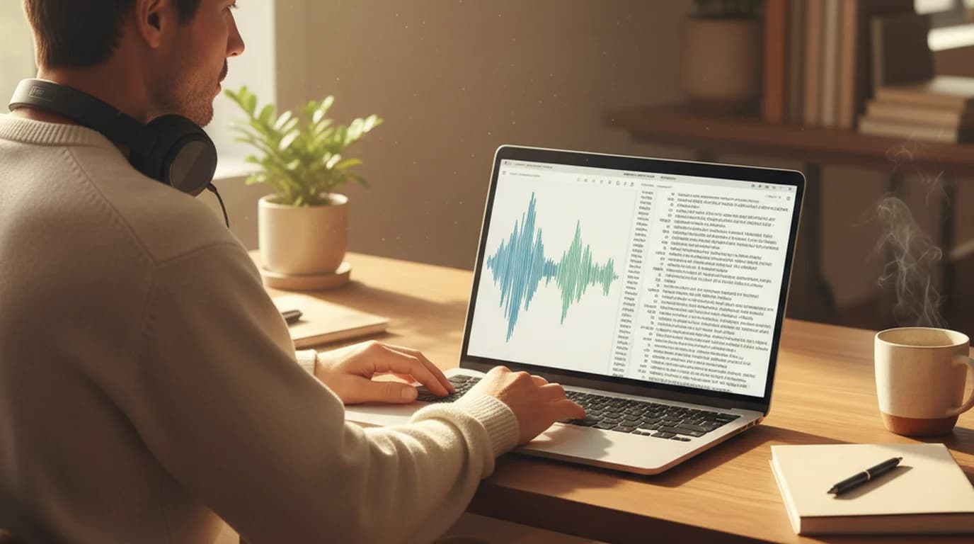 Voice recording transcription workflow showing audio waveform converted to text transcript on a laptop screen