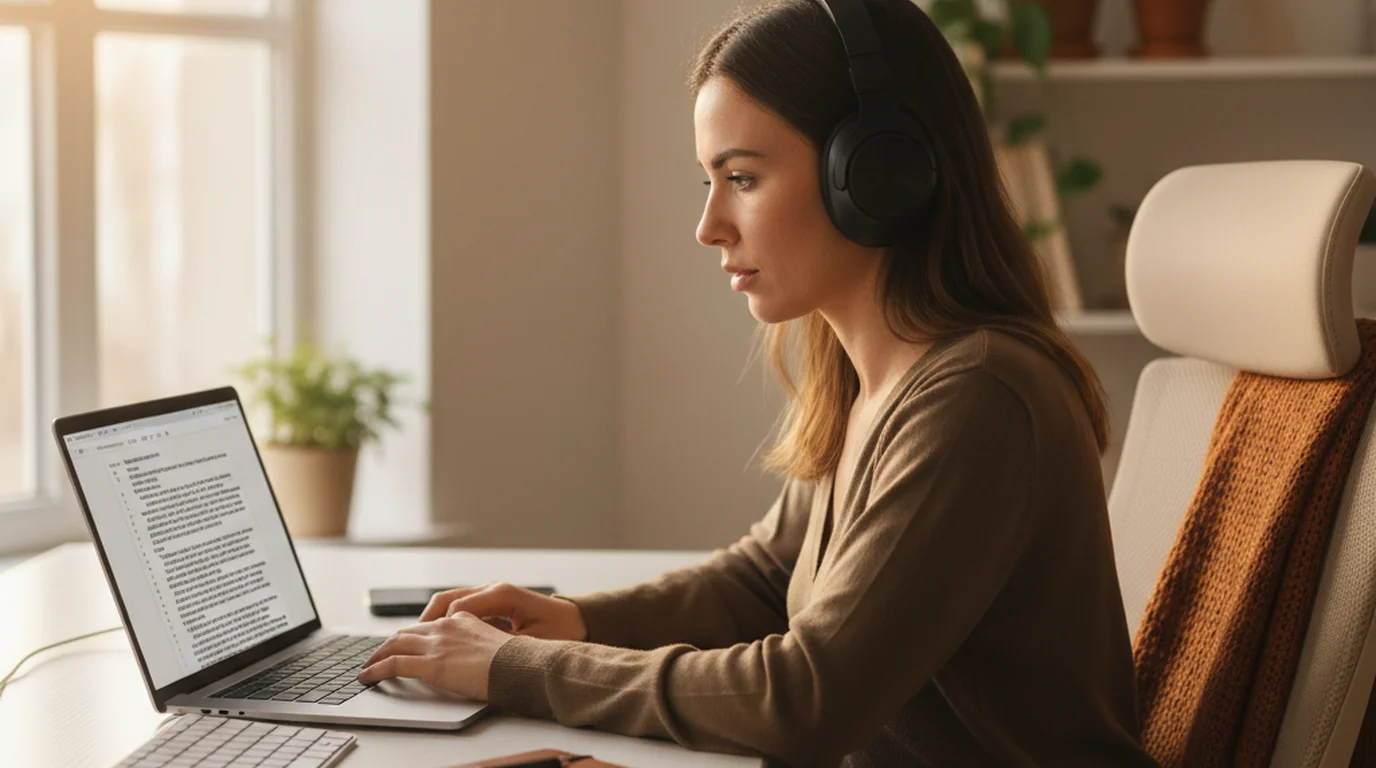 Young professional with headphones reviewing transcribed text on a laptop in a bright home office — exploring Transkriptor alternatives
