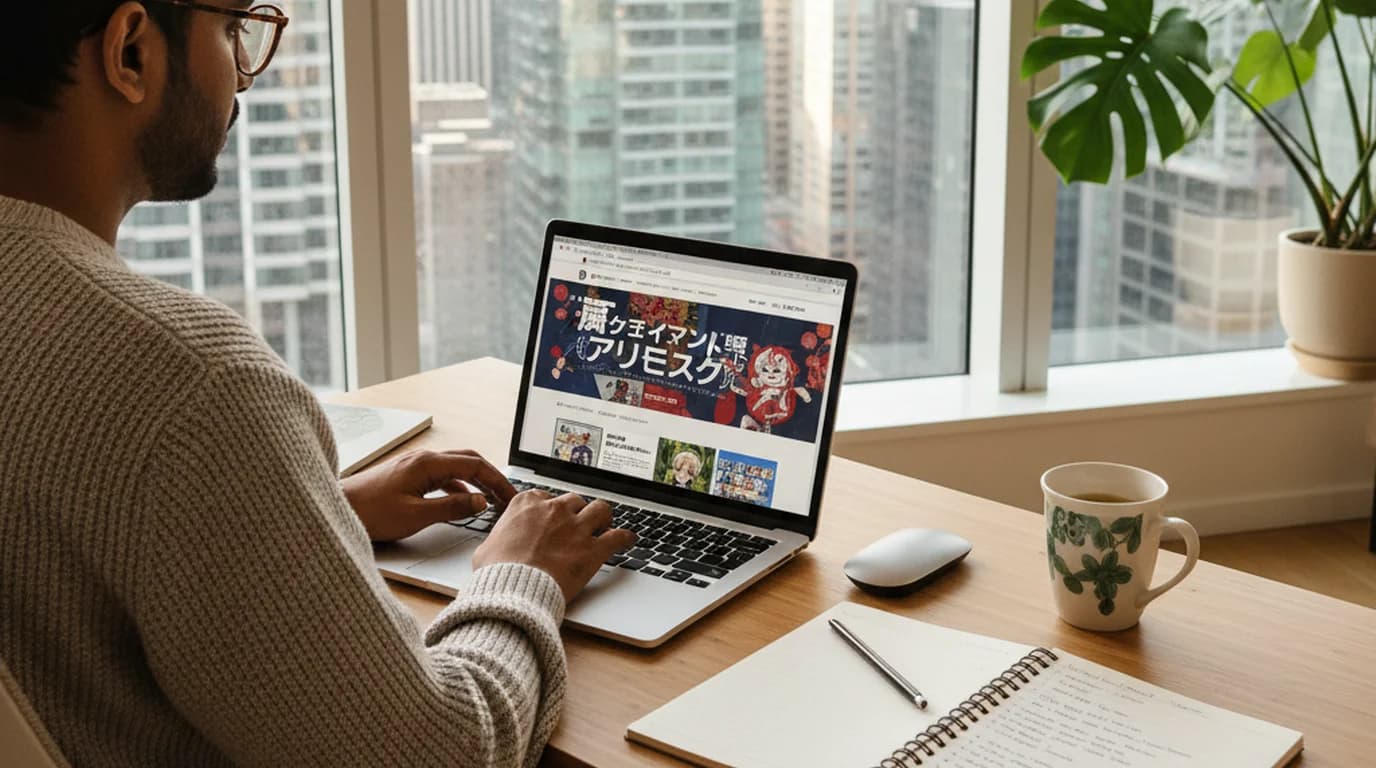Media researcher at a desk with Japanese-language content on screen and English notes, modern workspace with city view