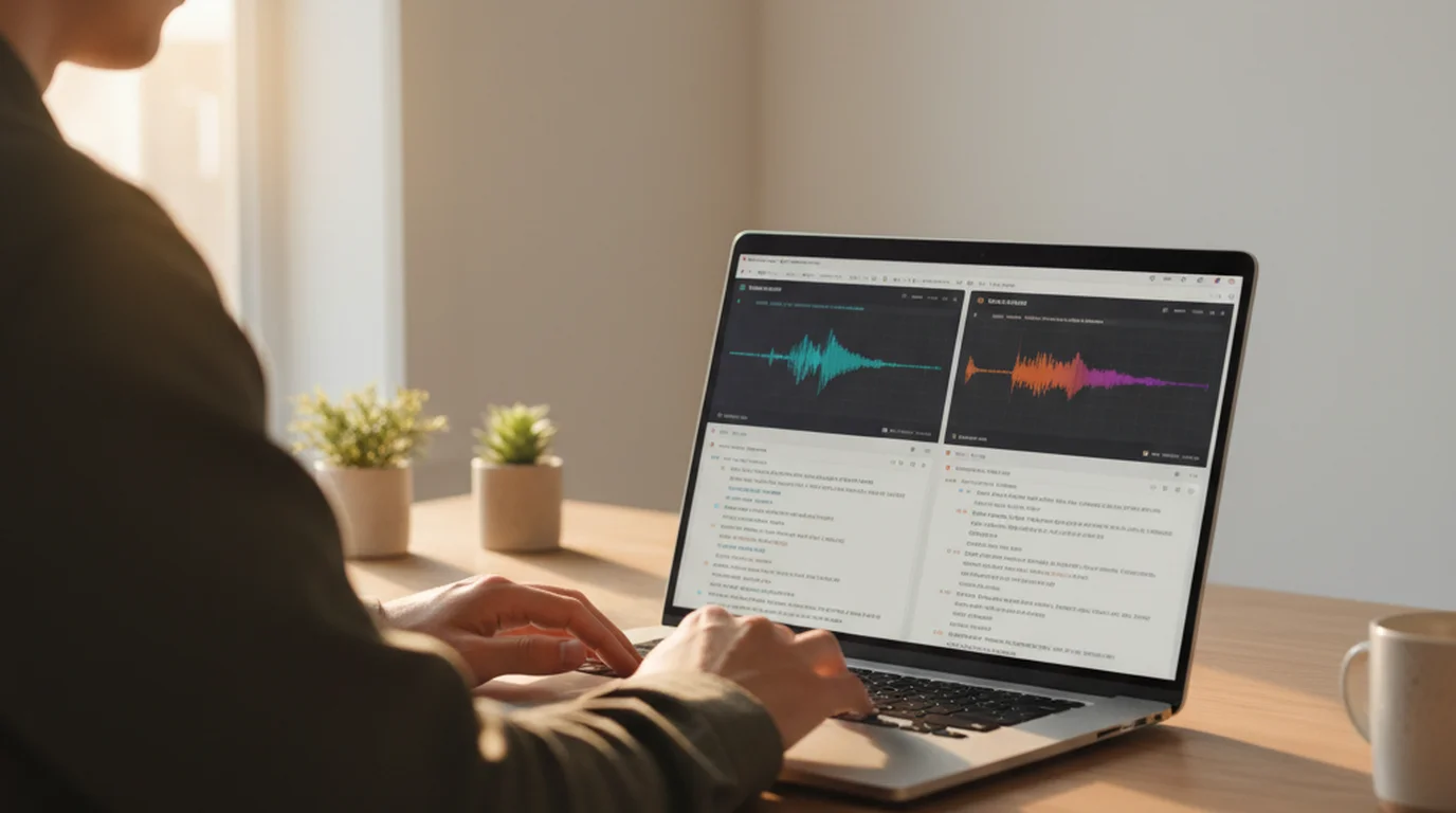 Person comparing two AI transcription tools on laptop screen with audio waveforms visible