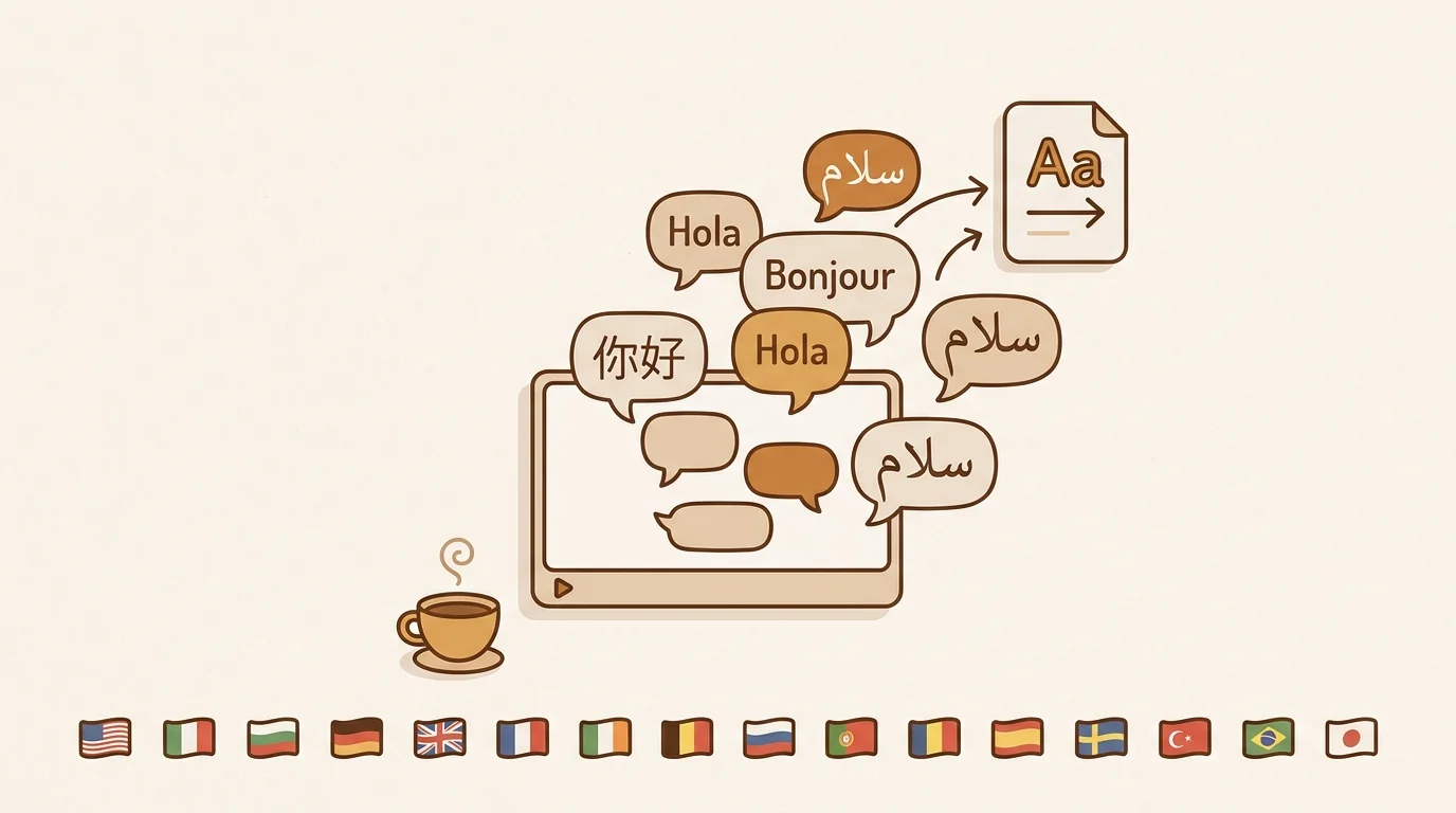 Video translation workflow diagram showing a single video split into 16 language outputs
