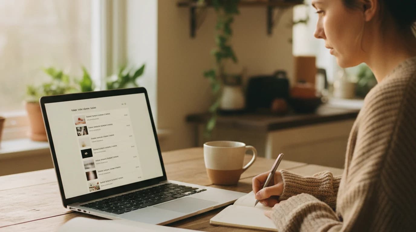 Woman at a kitchen table taking notes beside a laptop that shows a list of new video headlines in an RSS reader