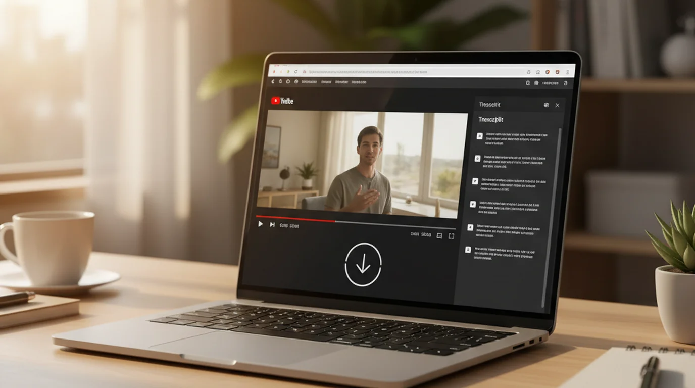YouTube transcript download showing how to save video captions as SRT and TXT files