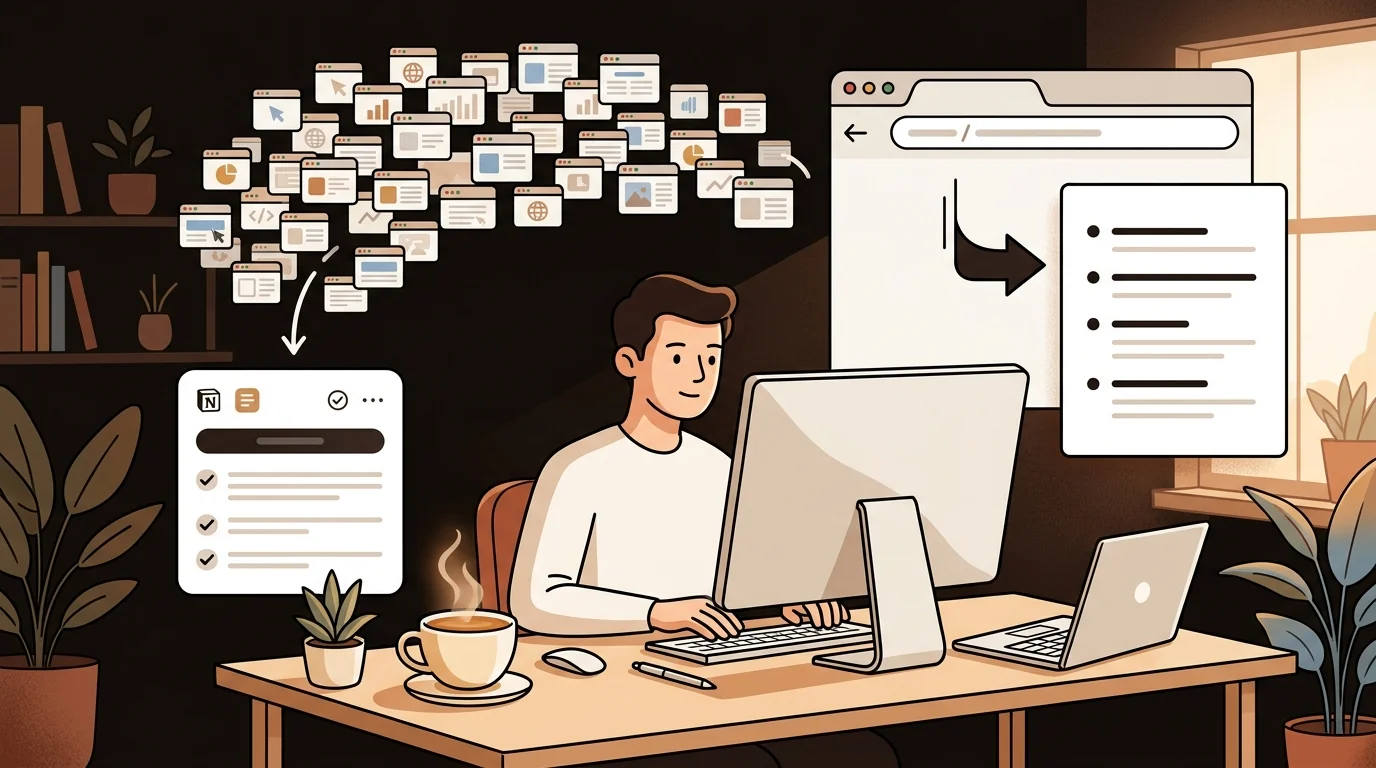 AI web article summarizer workflow turning 40 browser tabs into a 10-minute research brief