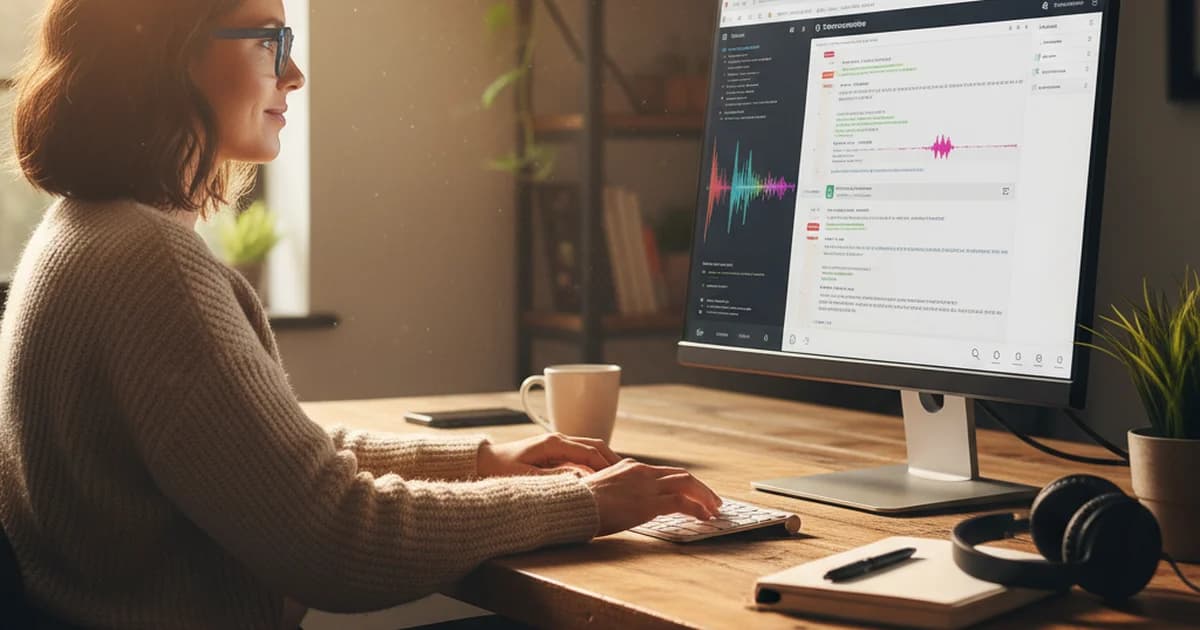 Market research analyst at a desk with headphones and a laptop displaying transcript text from stakeholder interview recordings