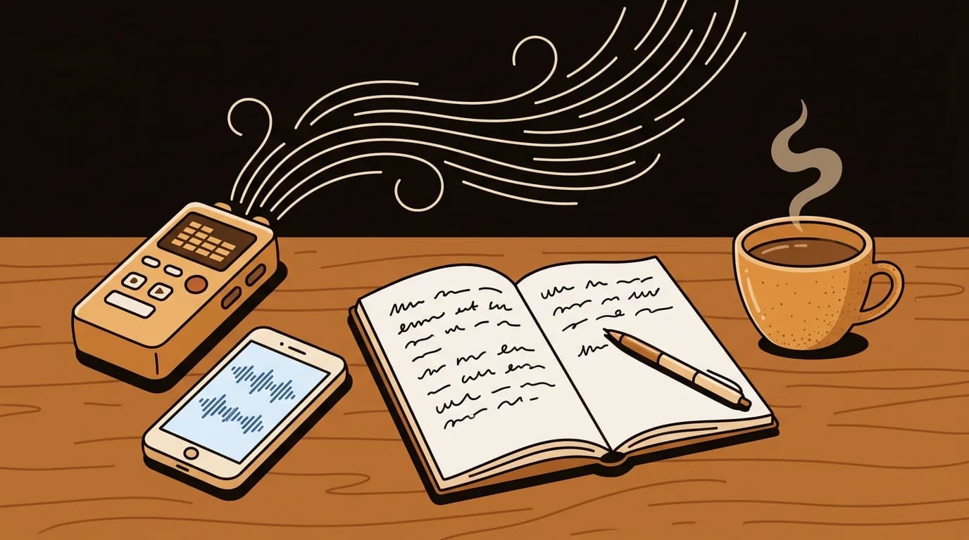 Journalist's desk with audio recorder, phone waveforms, notes, and steaming coffee