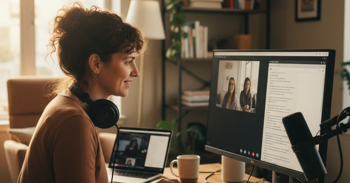 Podcast host at a desk with headphones and microphone, Zoom call open on laptop screen