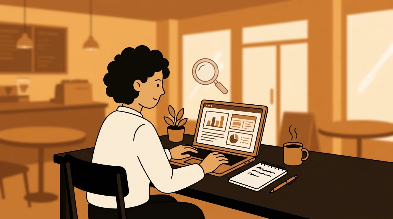 Journalist reviewing personal background check report on laptop with coffee