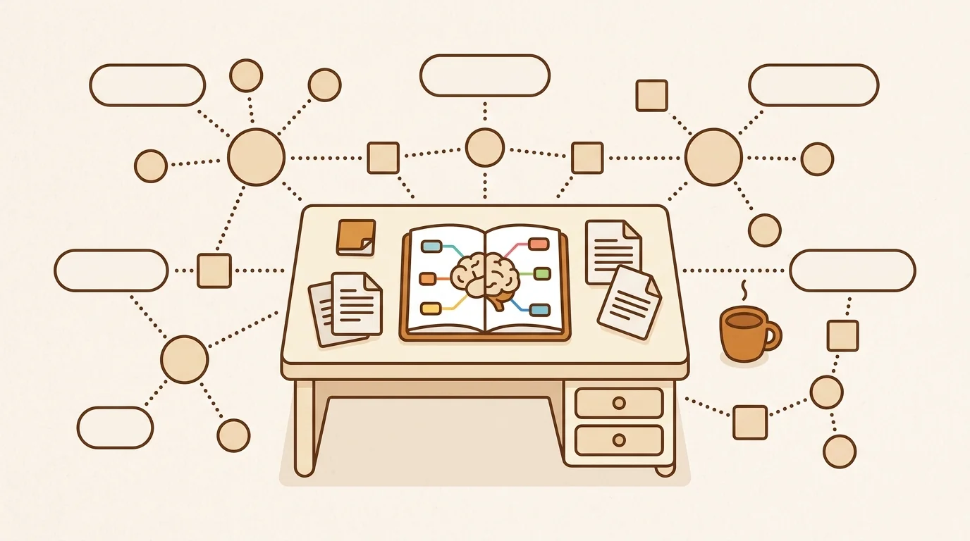 PhD researcher knowledge management system organizing 400+ papers, talks, and interviews