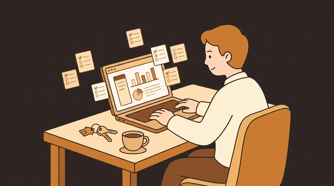 Landlord reviewing AI tenant background check report on laptop at desk