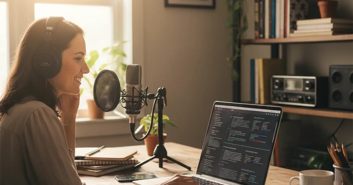 Journalist at desk with headphones and laptop, audio waveform visible on screen, notepad nearby
