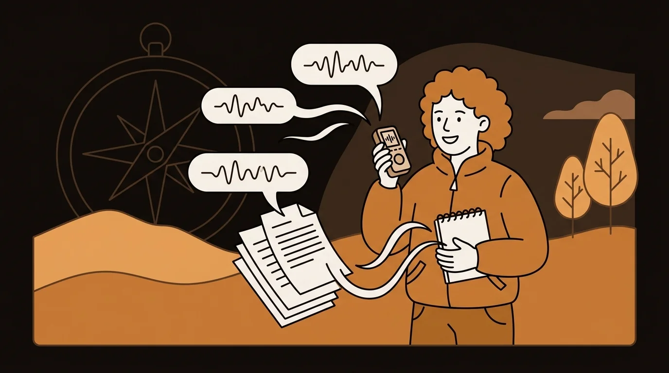 Field researcher transcribing 6 weeks of recordings into organized research data using AI