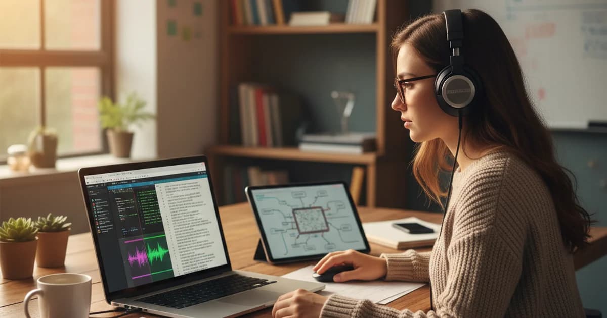 Researcher reviewing a text transcript on a laptop alongside an audio waveform from a qualitative interview recording