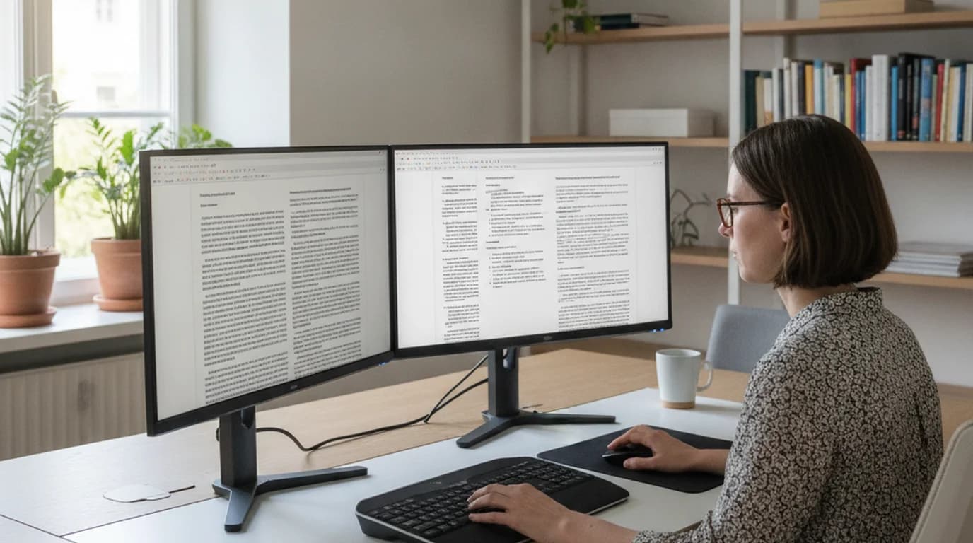 Multilingual content researcher reviewing English source document alongside German translation output on dual monitors