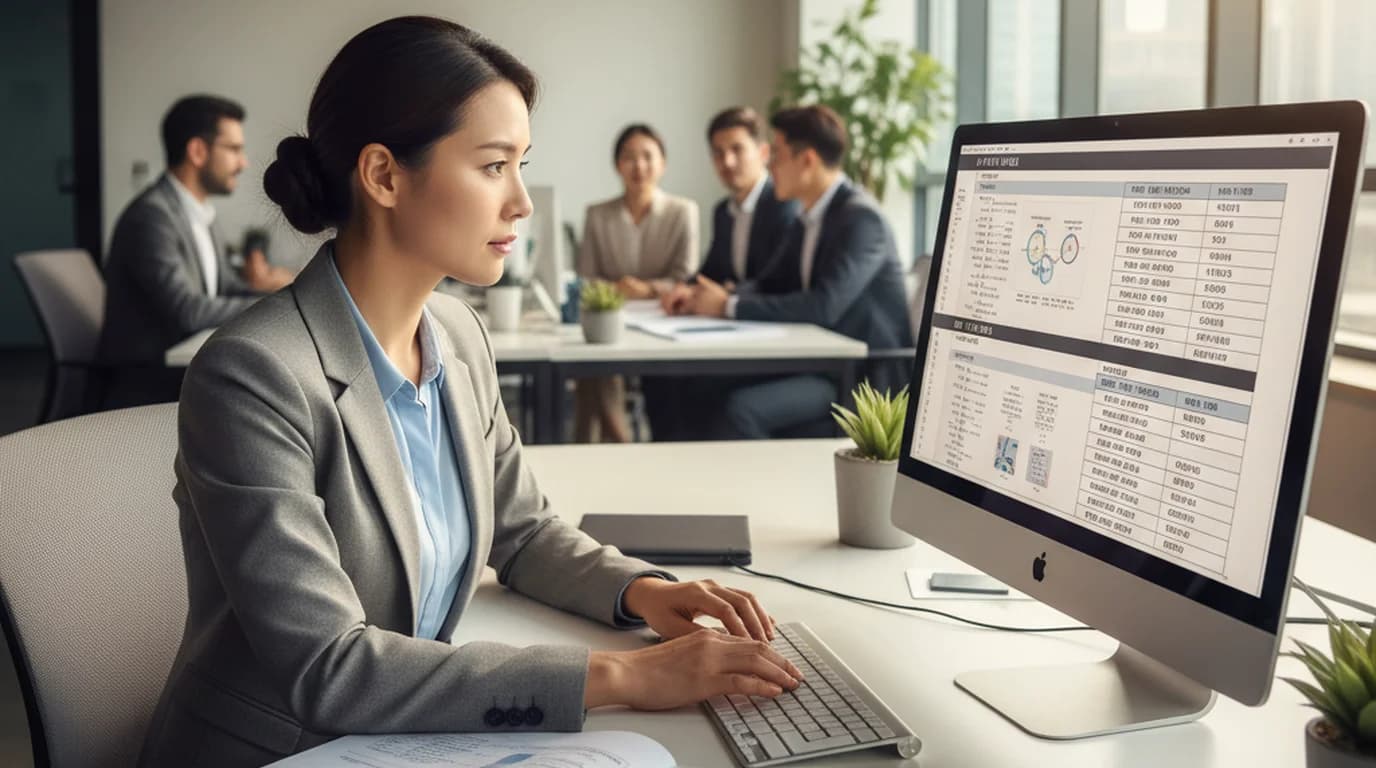 Research operations manager at a desk with English research document and Korean translation on screen, collaborative team setting