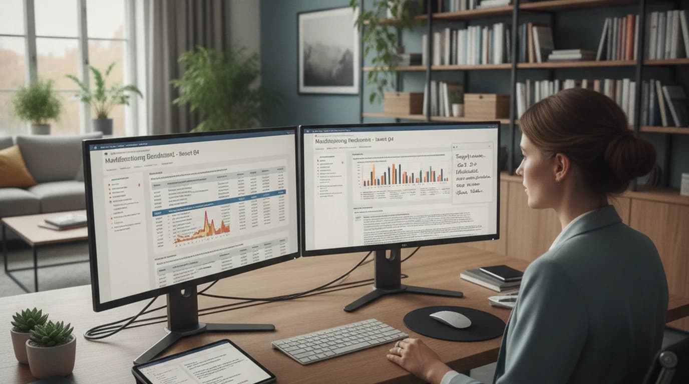 Content strategist reviewing German market research reports with English translation on dual monitors