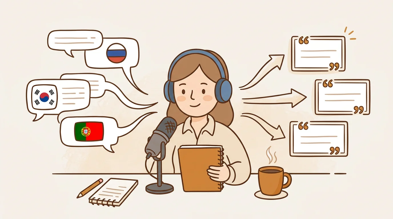 Journalist translating foreign language podcast audio into English key points and quotes for reporting