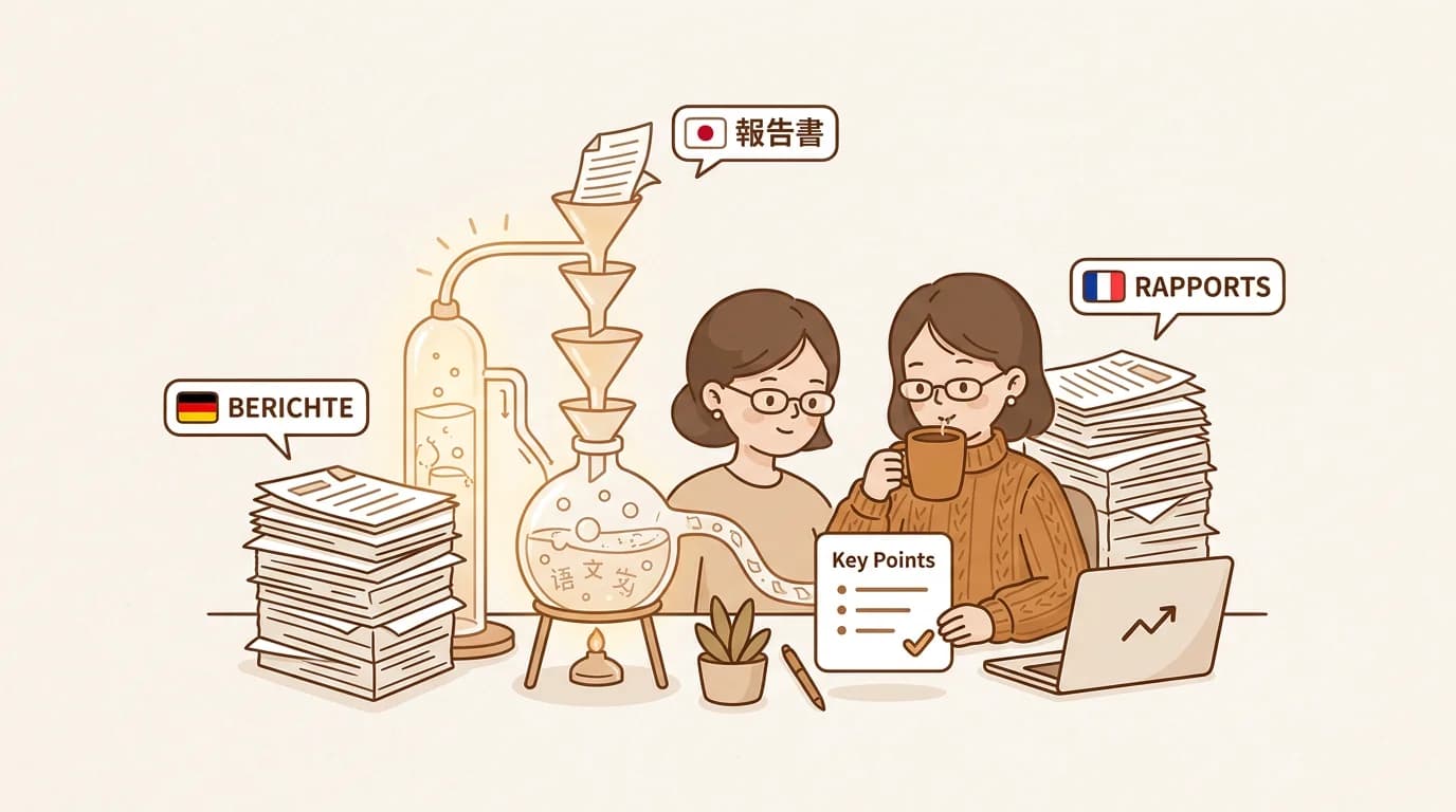 Market research analyst translating multilingual industry reports into English key points with AI