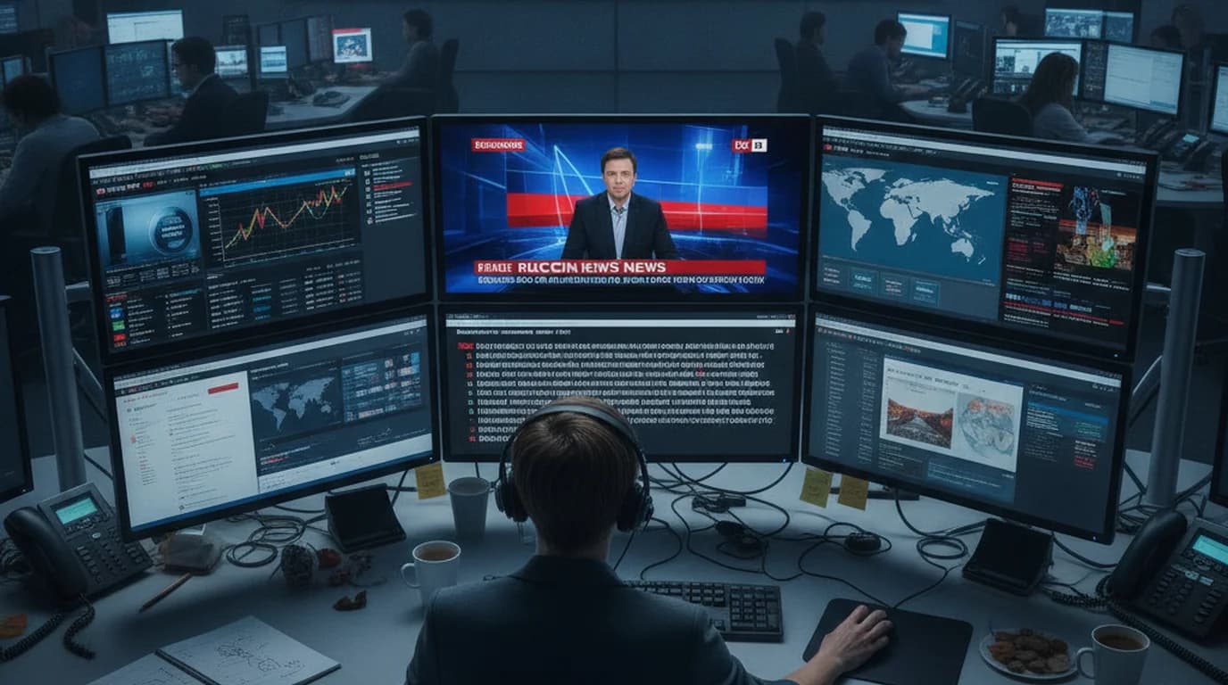 Digital journalist monitoring Russian-language news sources on screen with English translation transcript visible