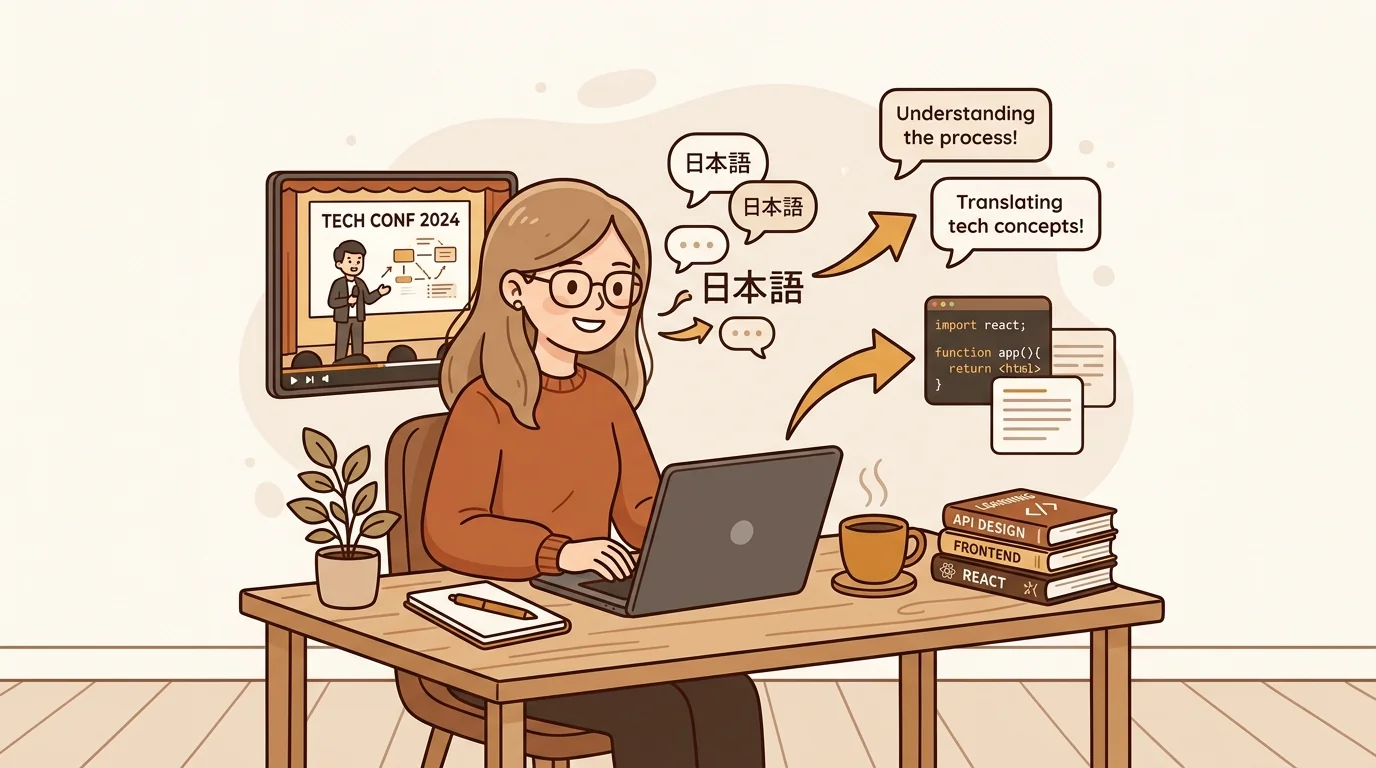 Developer translating Japanese tech conference videos into English using AI translation tool