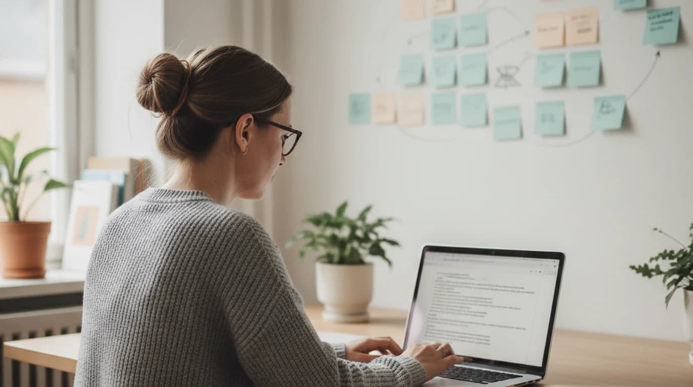UX researcher transcribing user interview voice recordings to text with notes and insights on screen