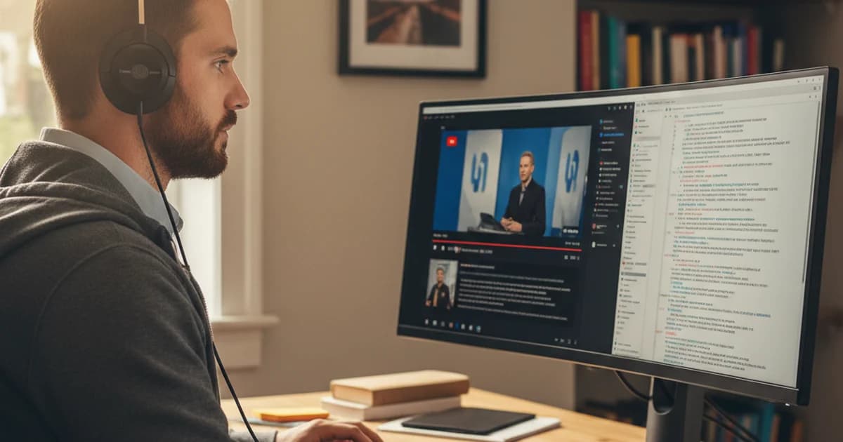 Developer at a desk reading a transcript on screen while a tech talk plays on a second monitor