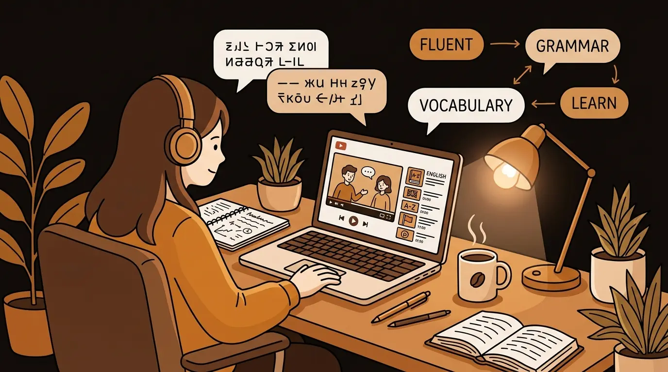 Language learner using YouTube transcripts to study English without pausing the video repeatedly