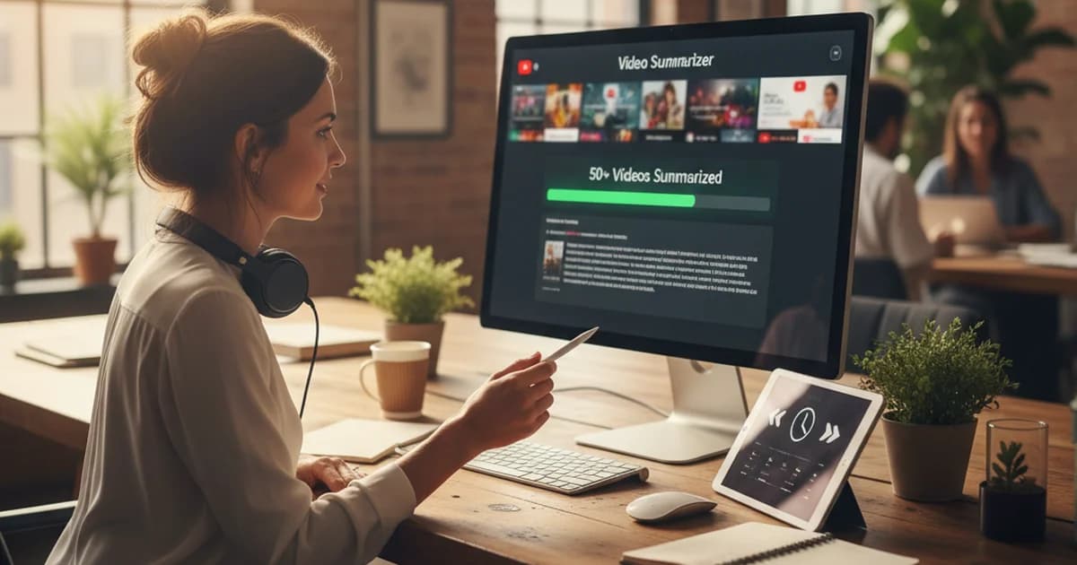 Brand manager using a YouTube video summarizer to screen competitor content on a laptop