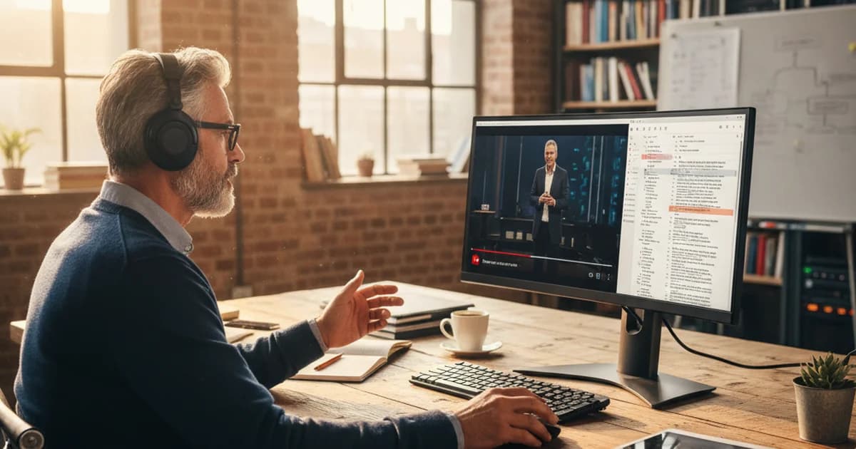 Software engineer at a Berlin desk with multiple monitors showing YouTube developer talks and transcript text documents