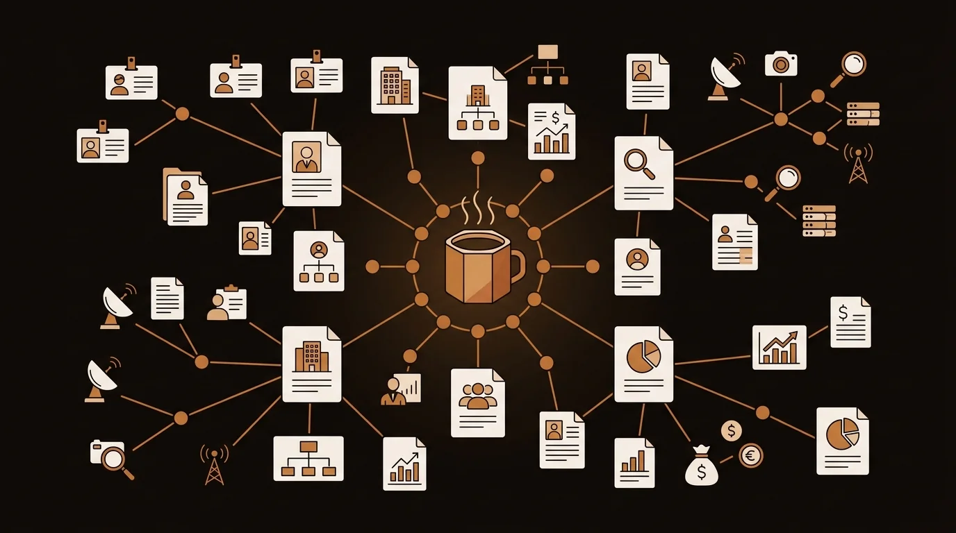 Intelligence dossier ecosystem map with people, company, and OSINT nodes connected