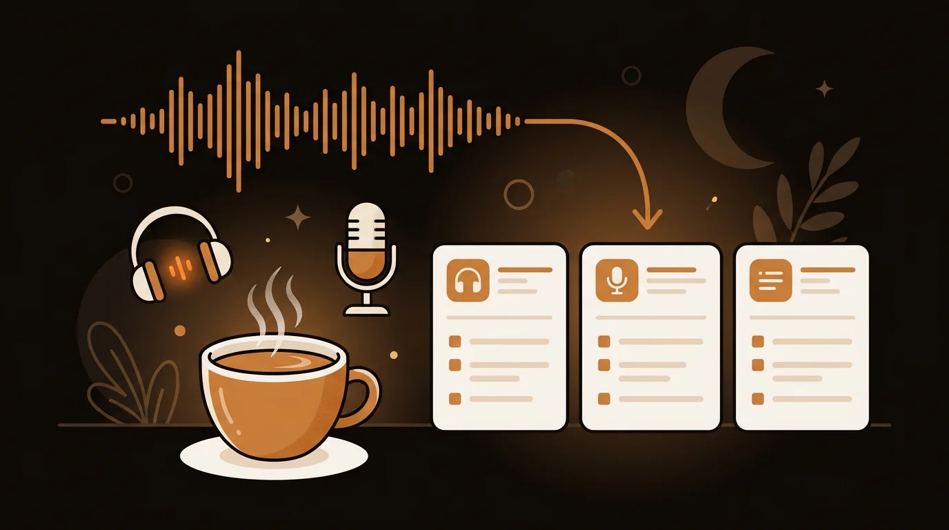 AI podcast summarizer turning audio waves into bullet-point brief cards with coffee