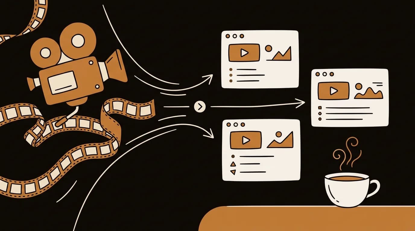 AI video summarizer compressing video frames into summary cards with coffee