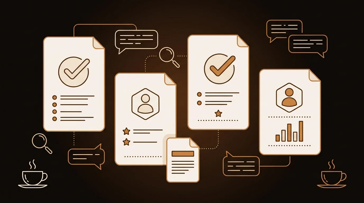 PDF documents being analyzed by AI tools with chat interface and coffee